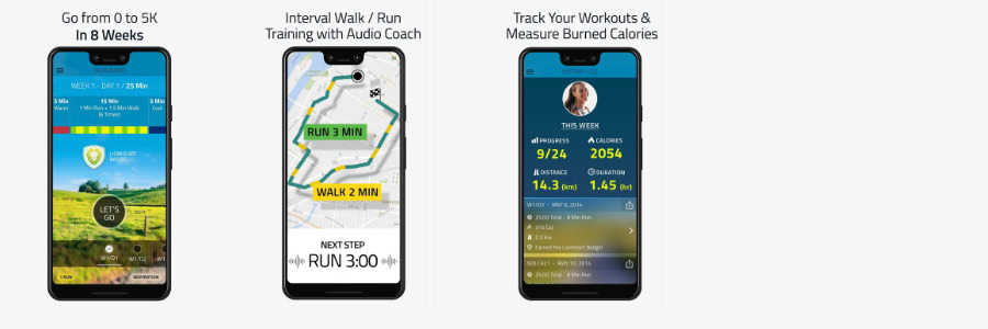 Three smartphone screens display the 5K Running app to help you access training plans, maps, and track workouts while traveling.