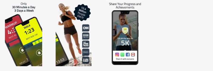 Three smartphone screens display the 5K Running app to help you access training plans, maps, and track workouts while traveling.
