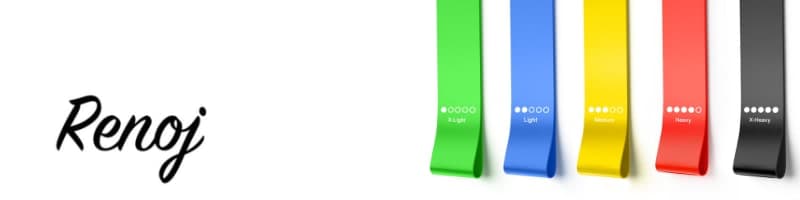Renoj resistance bands labeled X-Light, Light, Medium, Heavy, and X-Heavy—ideal for hotel workouts.