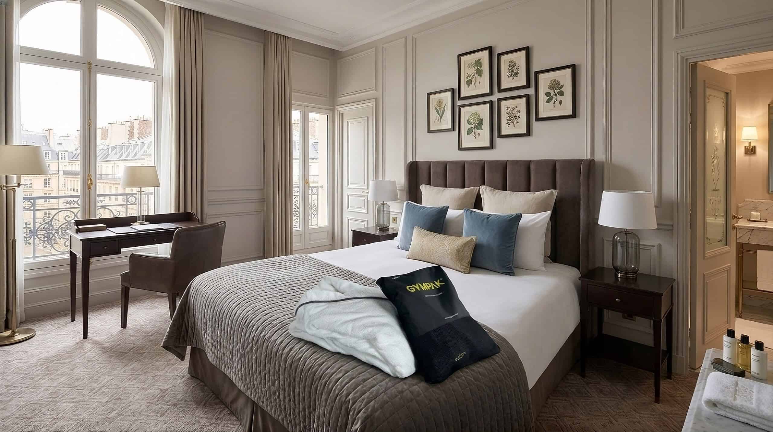 Elegant hotel room with large windows, double bed, desk, and space for in-room workouts—perfect for staying fit while traveling.