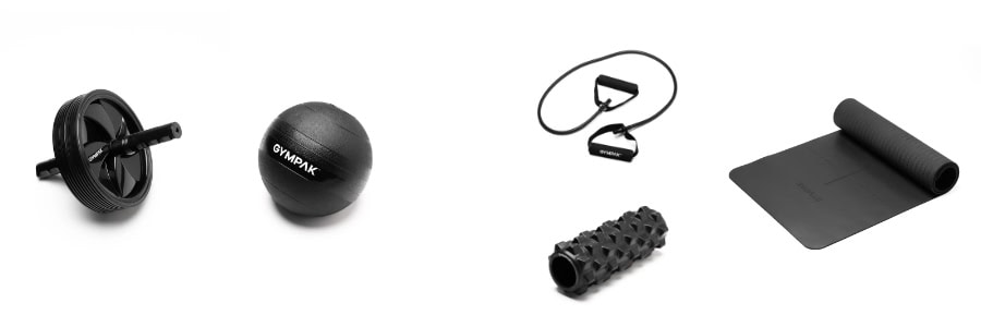 Black-and-white photo of ab wheel, medicine ball, resistance band, foam roller and yoga mat ideal for staying fit while traveling.