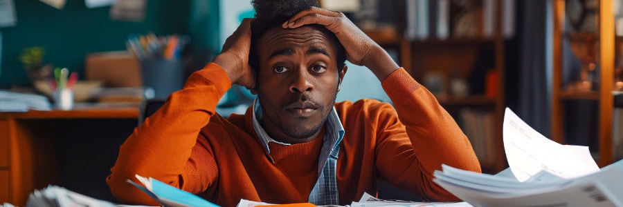 Man at a cluttered desk looks stressed surrounded by papers, highlighting the challenge of staying fit while traveling for work.