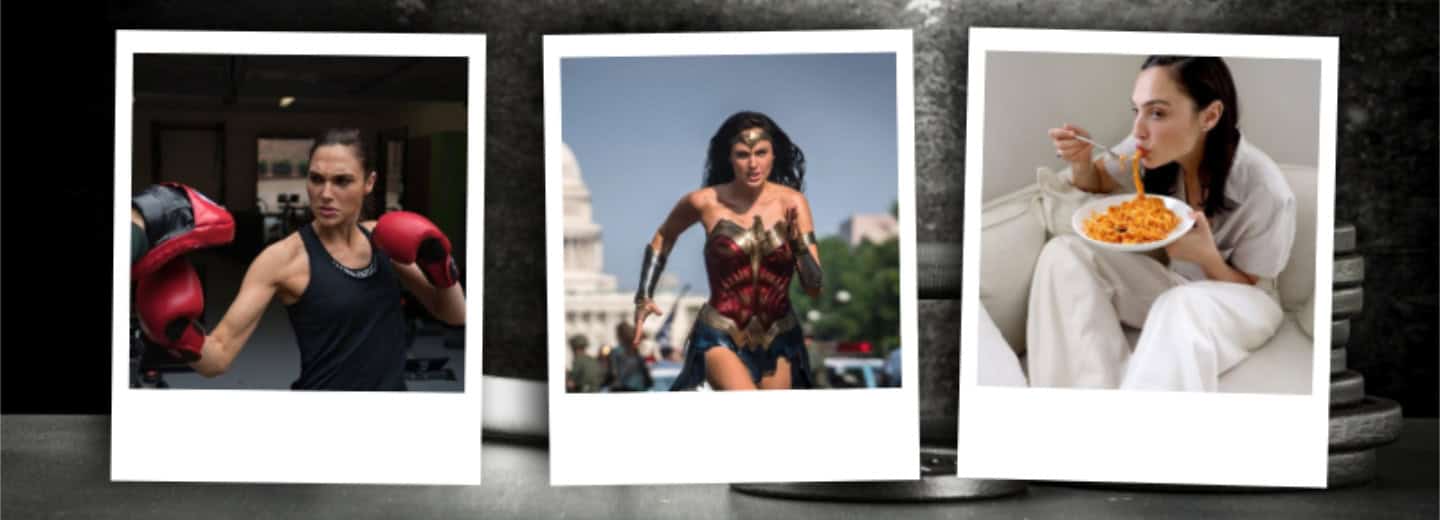 Three photos: woman boxing, woman in Wonder Woman costume, woman enjoying pasta in pajamas, showing ways to stay fit while traveling.