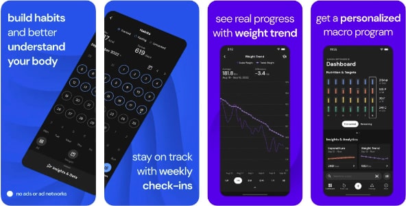 Three app screenshots of MacroFactor focus on habit tracking, weight trends, and a personalized macro dashboard to help travelers stay fit on the go.