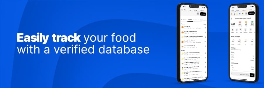 Two app screenshots of MacroFactor with text: "Easily track your food with a verified database."