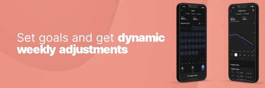 Two app screenshots of MacroFactor with text: "Set goals and get dynamic weekly adjustments."