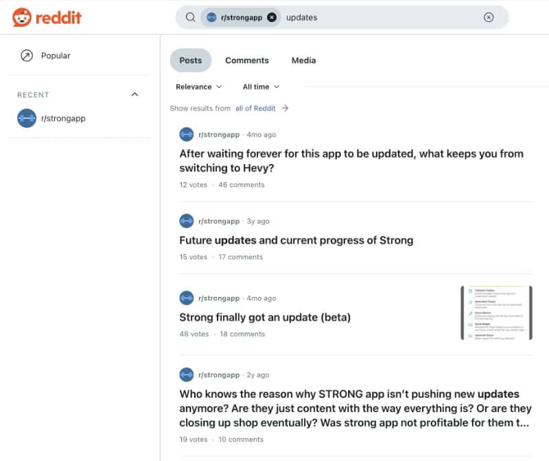 Reddit search results for r/strongapp updates, featuring posts on app changes and tips to help travelers keep fit on the go.