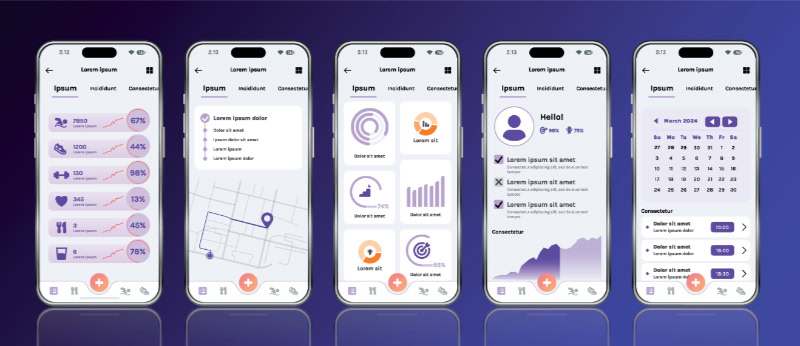 Five smartphones show purple-themed fitness and travel apps with hotel gym maps, workout stats, icons, charts, and a calendar.