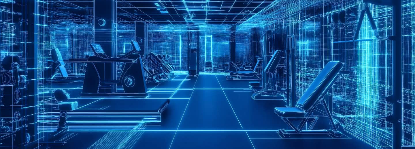 A futuristic gym with blue neon lines in a digital wireframe style, showcasing a modern space to stay fit while traveling.