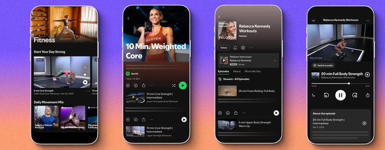 Four smartphone screens display fitness videos, Peloton workouts, and playlists to help you stay fit while traveling with HotelGyms.com.