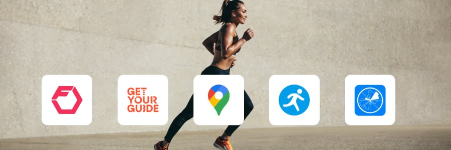 Woman running outdoors, with five fitness and travel app icons below her, reflecting ways to remain fit while traveling with HotelGyms.com.