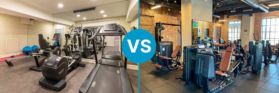 Split image: home gym with cardio machines on left, commercial gym with weight machines on right, "VS" in center, comparing travel fitness options.